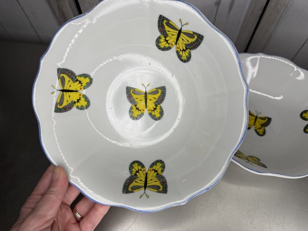 Vintage Enamel Bowl Set Of 2 Butterfly Design Blue Yellow White